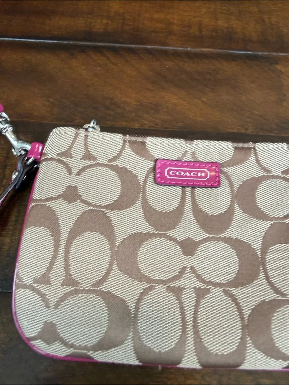 Coach Beige Signature Canvas Wristlet with Pink Trim